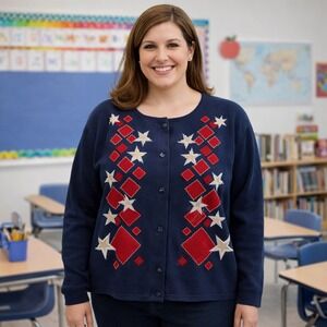 Christopher & Banks Navy Blue Star Diamond‎ Patriotic Cardigan Sweater XL